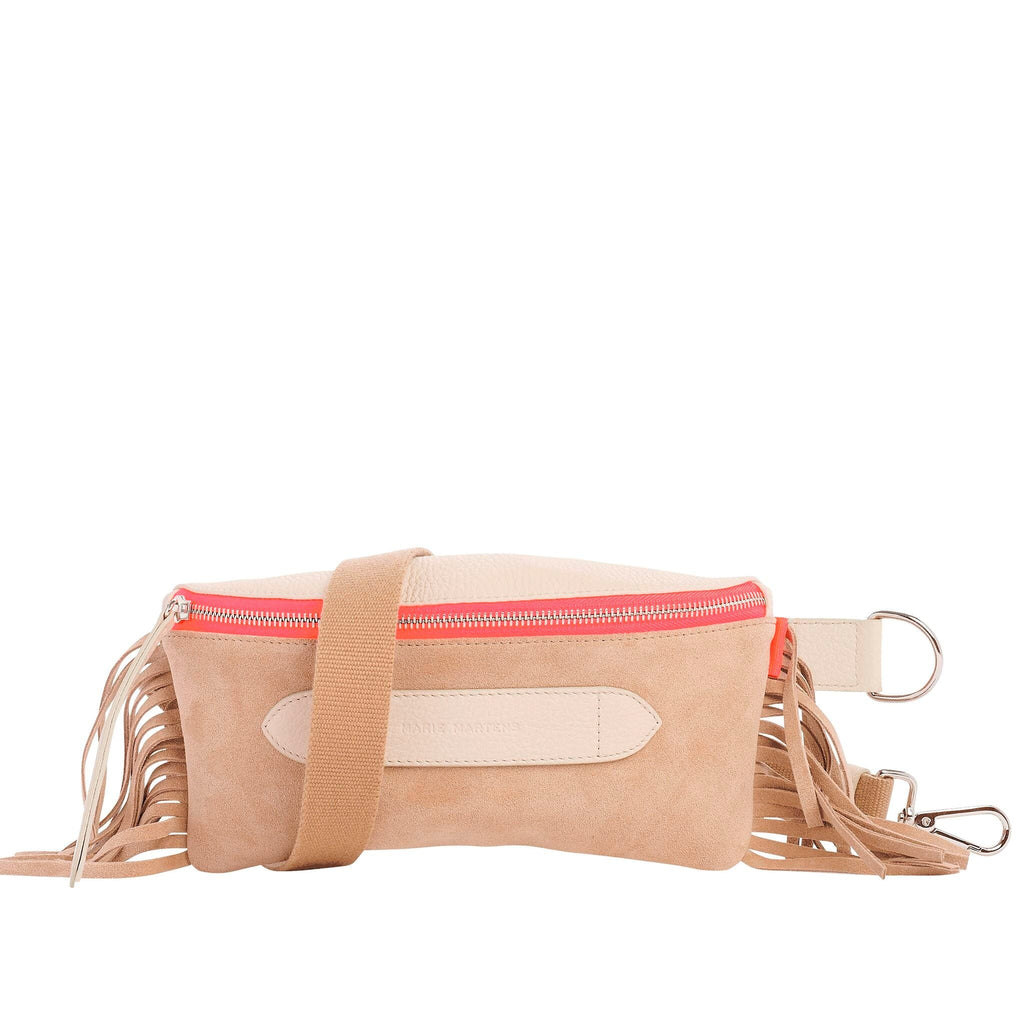 Coachella2 - Beltbag Marie Martens Beige & Cream suede and grained leather at Fringes - Pink zip neon 