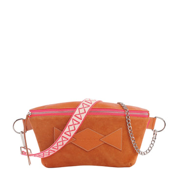 Neufmille - Sac Ceinture XL Beltbag Marie Martens Camel patchwork en cuir velours (daim) et grainé - Zip rose fluo 