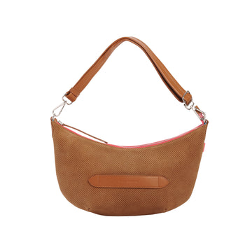 Smile - Sac Porté Croisé Shoulder Bag Marie Martens Camel  in perforated suede and grained leather - Pink zip neon 
