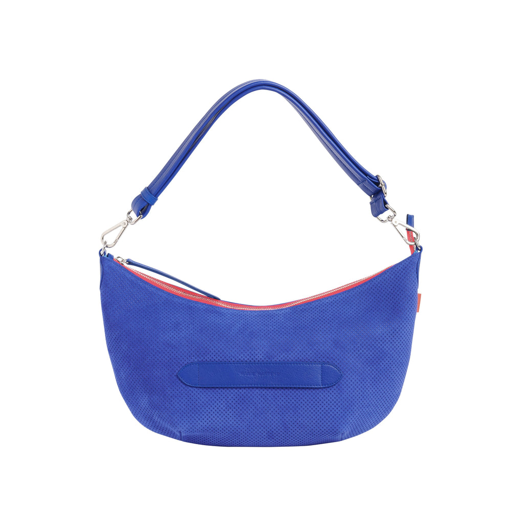 Smile - Cross-over Shoulder Bag Marie Martens Electric blue in perforated suede and natural grain leather - Pink zip neon 