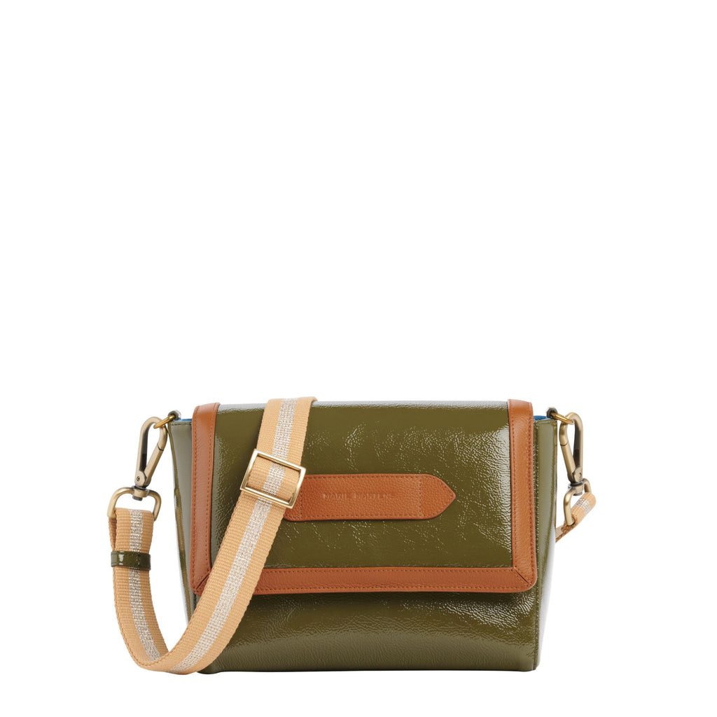Alibi - Shoulder Bag Chain Marie Martens Khaki & Camel in crinkled patent leather and grained leather 