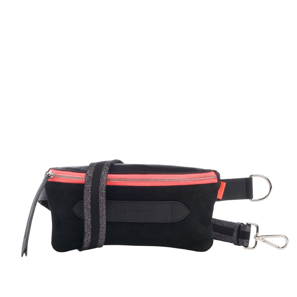 Coachella - Beltbag Marie Martens Black in perforated suede and natural grain leather - Pink zip neon 